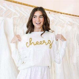 New! QUEEN OF SPARKLES Iridescent Full Sequin Cheers White Sweater